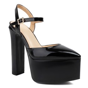 Block Heel Ankle Strap Black Classic Elegant Patent Womens Sandals Pointed Toe 6 inch High Heel Platform Thick Heel