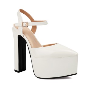 White Dressy Shoes 6 inch High Heel Chunky Heel Ankle Strap Faux Leather Classic Sandals Belt Buckle Patent Leather Block Heels Elegant