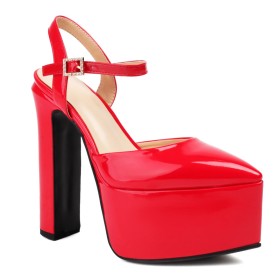 Beautiful 6 inch High Heel Classic Faux Leather Chunky Heel Belt Buckle Block Heels Platform Patent Sandals For Women Pointed Toe