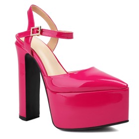 With Ankle Strap Chunky Heel Dress Shoes Fuchsia Platform Elegant Classic 15 cm High Heels Patent Faux Leather Sandals For Women Business Casual Block Heel Pointed Toe