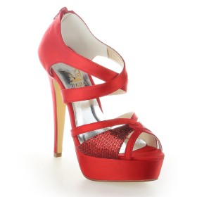 Satin Stiletto Red Strappy Beautiful Formal Dress Shoes 5 inch High Heeled Open Toe Platform