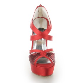 13 cm Tacco Alto Con Lacci Sandali Tacco A Spillo Plateau Di Raso Rosso Eleganti Scarpe Da Cerimonia
