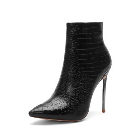 Black Pointed Toe Vintage Crocodile Printed Ankle Boots 12 cm High Heels Embossed Stiletto