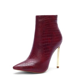 Burgundy Stiletto 2022 High Heel Crocodile Print Vintage Patent Leather Ankle Boots