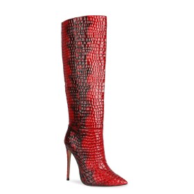 Fur Lined Stiletto Red Faux Leather Classic 10 cm High Heels Mid Calf Boots Snake Printed