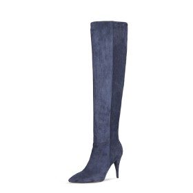 Fur Lined Knee High Boot Suede Stilettos Gray High Heels Tall Boot Faux Leather Vintage Pointed Toe