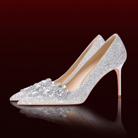 Sequin Luxury Beautiful Silver Wedding Shoes With Crystal High Heel Pumps Pointed Toe 2022