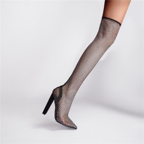 Sparkle Hoge Hakken Going Out Gesloten Neus Hoge Laarzen Dames Zwarte Sandaal Overknee Boots Imitatieleer Visnet