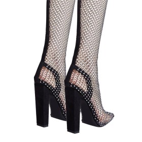 Brillante Transparente Bottes D Été Noir Talons Epais Filet Simili Cuir Habillé A Talon Haut 12 cm Bottes Haute Sandales Cuissardes Talon Carré