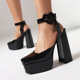 15 cm High Heel Casual Block Heel Belt Buckle Sandals Sweet Heart Patent Leather Platform Faux Leather Chunky Heel