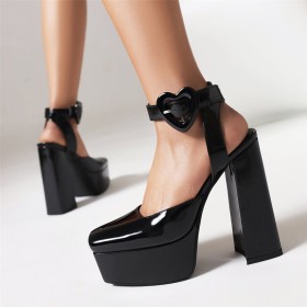 15 cm High Heel Casual Block Heel Belt Buckle Sandals Sweet Heart Patent Leather Platform Faux Leather Chunky Heel