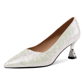 Pearl Pumps Slip On Rhinestones Sequin Gorgeous Dress Shoes Sparkly Pointed Toe Evening Party Shoes Silver