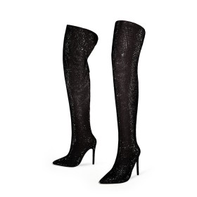 グリッター 女 ブーツ ロング ハイヒール 12cm ライン ストーン キラキラ サイ ハイブーツ ファッション スエード パーティー 1923121043F