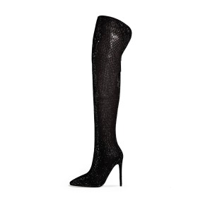 グリッター 女 ブーツ ロング ハイヒール 12cm ライン ストーン キラキラ サイ ハイブーツ ファッション スエード パーティー 1923121043F