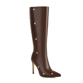 Classique Talons Aiguilles Bottes Hauteur Genoux Clouté Bottes Hautes Habillé Boots Femme Plissées Tombantes A Talon Haut 10 cm