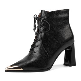 Genarbte Leder Vintage High Heel Winter Gefütterte Stiefeletten Blockabsatz 2024 Schnürschuhe Schnürstiefeletten Klassisch