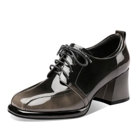 Oxford Shoes Shooties Comfortable 6 cm Mid Heel Classic Gradient Leather Gray Business Casual Block Heel Chunky Heel