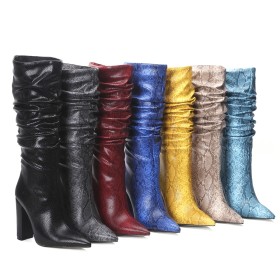 Boots Damen Slouch Lack Halbhohe Stiefel Schlangenmuster Mit Blockabsatz 10 cm High Heels Klassisch Farbverlauf