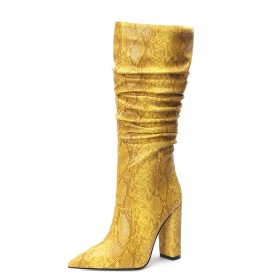 10 cm High Heels Boots Slouch Faux Leather Classic Yellow Block Heels Thick Heel Snake Print