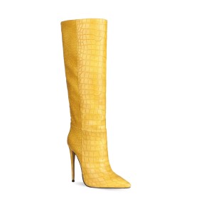 Crocodile Print Fur Lined Patent Yellow Faux Leather Riding Boots High Heels Tall Boot Knee High Boots Stiletto Heels Vintage Classic Embossed