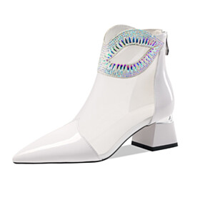 Elegante Weiße Lack Blockabsatz Kristall Bequeme Mit Absatz Stiefeletten Leder 5 cm Low Heel Spitz Moderne Mesh Festliche Schuhe