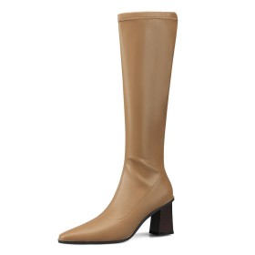 Patent Comfortable Faux Leather Classic Tall Boot Mid Heels Chunky Riding Boot Knee High Boots Wooden Heel Block Heels Fur Lined Stretchy Beige Sock