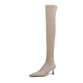Beige Classic Closed Toe Suede Thigh High Boot For Women 6 cm Mid Heel Fur Lined Tall Boots Faux Leather Sexy