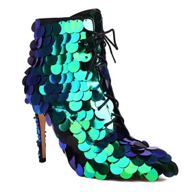Party Shoes Closed Toe Multicolor Booties Glitter Stiletto Heels Pointed Toe 4 inch High Heel Lace Up Gradient Sparkly