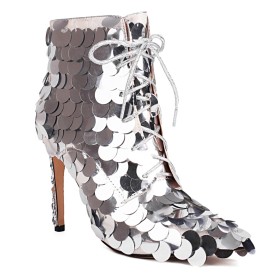 Pointed Toe 4 inch High Heeled Lace Up Sparkly Sequin Booties Multicolor Ombre Stiletto Heels