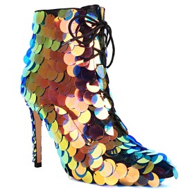 Pointed Toe Lace Up Gold Ankle Boots For Women Stiletto Heels 4 inch High Heel Sparkly Party Shoes Glitter Ombre