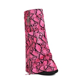 Bottes Hauteur Genoux A Talon Femme Multicolore Habillé Rose Fushia Moderne Imprimé Serpent Bottes Haute Compensées