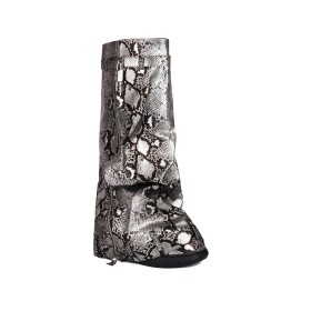Tall Boot Round Toe Fashion Knee High Boot For Women Snake Printed Faux Leather Gray Wedges 8 cm High Heels