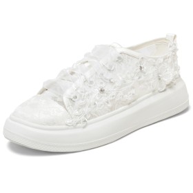 Rhinestones Comfort White Elegant Lace Up Flowers Evening Shoes Sneakers