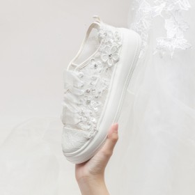 Mode Festliche Schuhe Weiß Plateau Damenschuhe Geblümte Mit Strasssteine Flach Aus Spitze Schnürschuhe Brautschuhe