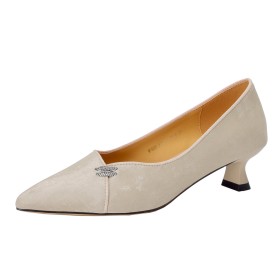 Comfortable Beautiful Pumps Beige Satin Textured Leather Low Heel Leather