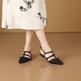 Belt Buckle Sandals Business Casual Satin Textured Leather Flat Shoes Leather Slingbacks Comfort