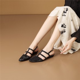 Belt Buckle Sandals Business Casual Satin Textured Leather Flat Shoes Leather Slingbacks Comfort