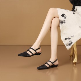 Belt Buckle Sandals Business Casual Satin Textured Leather Flat Shoes Leather Slingbacks Comfort