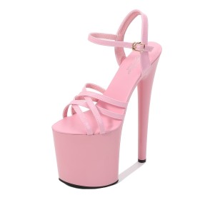 Sexy Pink Platform Classic Sandals Ankle Strap Stilettos Peep Toe Faux Leather Patent