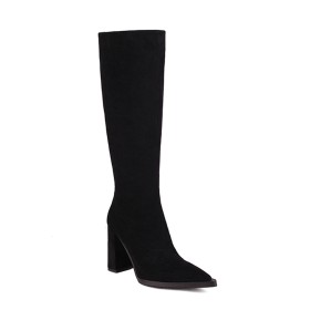 A Talon Haut 9 cm Talon Carré Bottes Haute Femme Talon Epais Classique Bottes Hauteur Genoux Fourrées Bout Pointu Noir