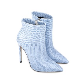Booties For Women Fashion Patent Faux Leather Fur Lined 2023 Stiletto Classic Snake Print Light Blue 12 cm High Heeled