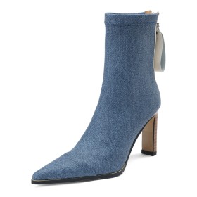 Bout Pointu Talon Epais Talon 8 cm Bleu Ciel Avec Colorblock D hiver Chaussette Fermeture Éclair Bottines Femme