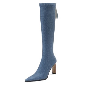 Boots Damen Mit 8 cm High Heel Boots Blockfarben Mode Sock Denim Blockabsatz Hellblau Kniehohe