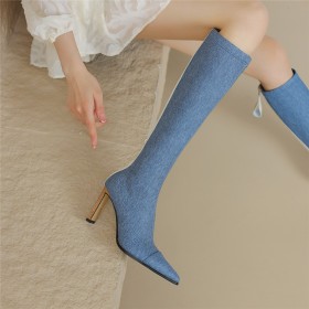 Boots Damen Mit 8 cm High Heel Boots Blockfarben Mode Sock Denim Blockabsatz Hellblau Kniehohe