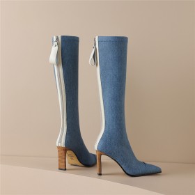 Boots Damen Mit 8 cm High Heel Boots Blockfarben Mode Sock Denim Blockabsatz Hellblau Kniehohe