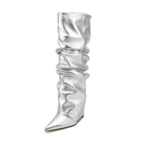 Dress Shoes Wedge Slouch Comfortable Metallic Patent Leather Tall Boots Fold Over Faux Leather Sparkly Knee High Boots Pointed Toe 10 cm High Heel