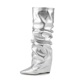 Boots Metallic Slouch Comfort Kniehohe Mode Keilabsatz High Heel