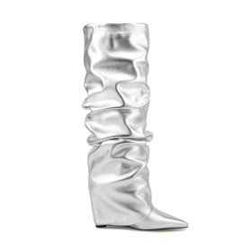 Boots Metallic Slouch Comfort Kniehohe Mode Keilabsatz High Heel