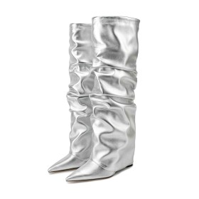 Boots Metallic Slouch Comfort Kniehohe Mode Keilabsatz High Heel