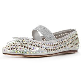 Flats Sparkly Fashion Cut Out Elegant Slip On With Bow Silver With Rhinestones Comfort